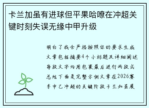 卡兰加虽有进球但平果哈嘹在冲超关键时刻失误无缘中甲升级