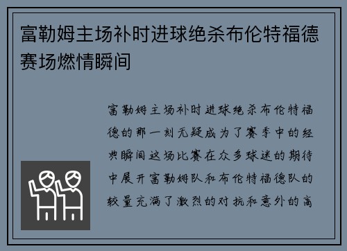 富勒姆主场补时进球绝杀布伦特福德赛场燃情瞬间