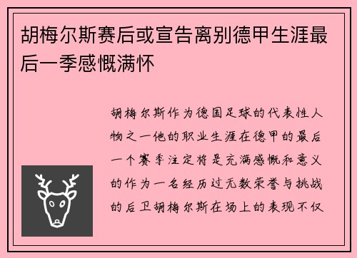 胡梅尔斯赛后或宣告离别德甲生涯最后一季感慨满怀